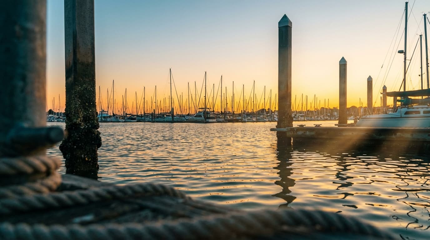 Luxury yacht docked at marina with polished chrome and gleaming hull reflecting golden hour light