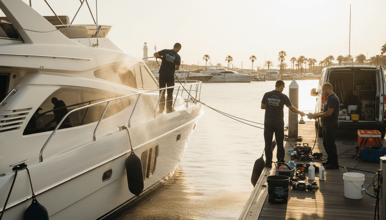 Marine service team conducting professional inspection on luxury yacht