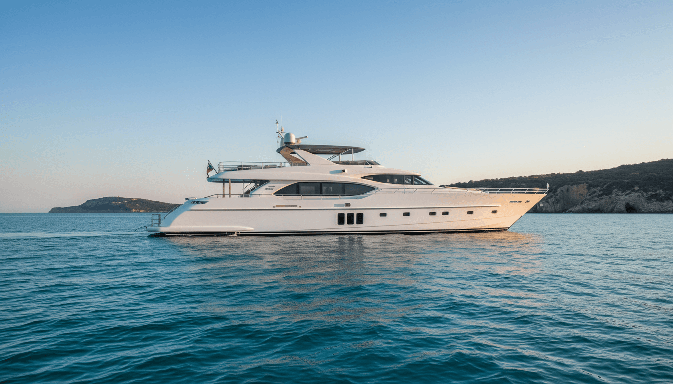 Luxury yacht moored in calm waters at sunset, symbolizing premium marine services